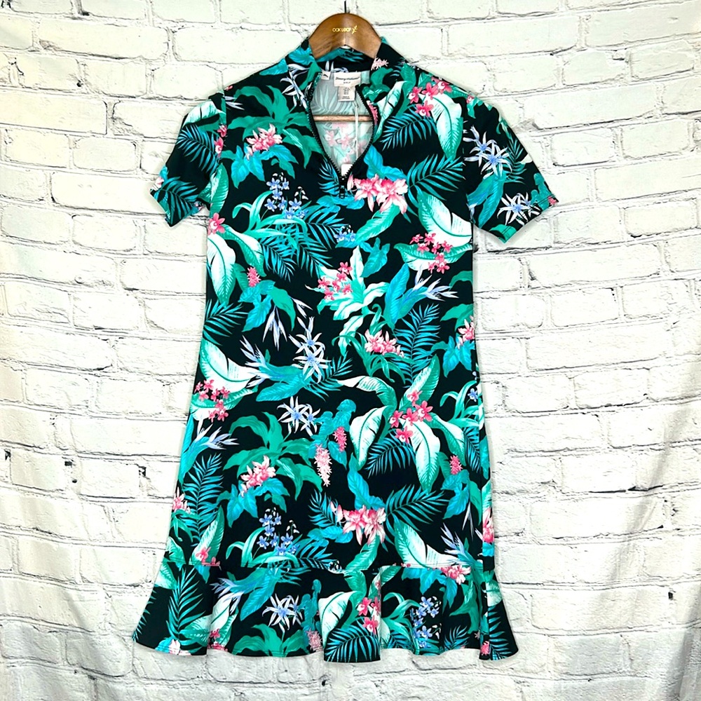 Tommy Bahama Black Green Tropical Print Short Sleeve Athletic Dress Size Small